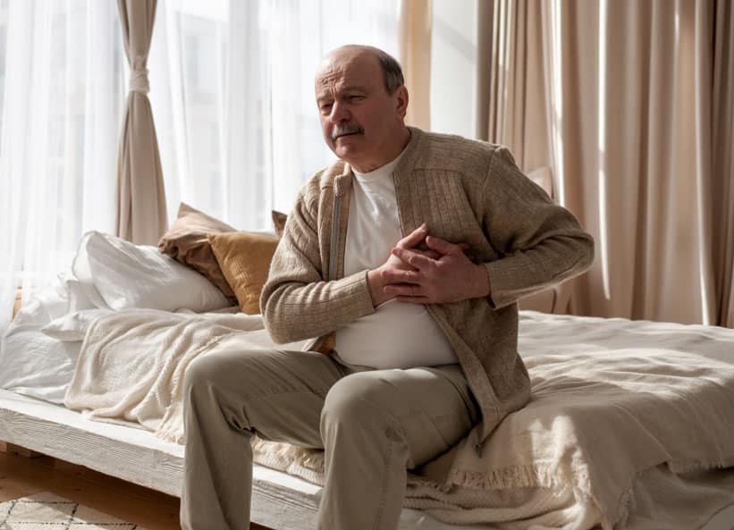 man holding chest showing symptoms of heart attack