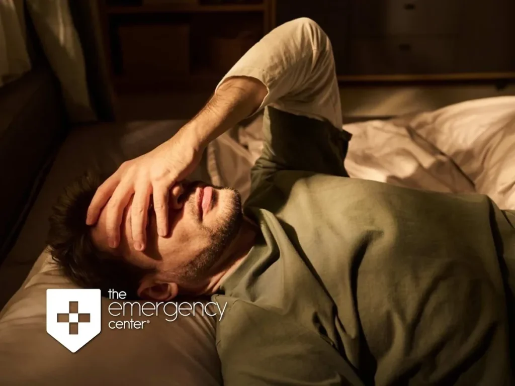 A man lies awake in bed at night with his hand over his face, showing signs of distress